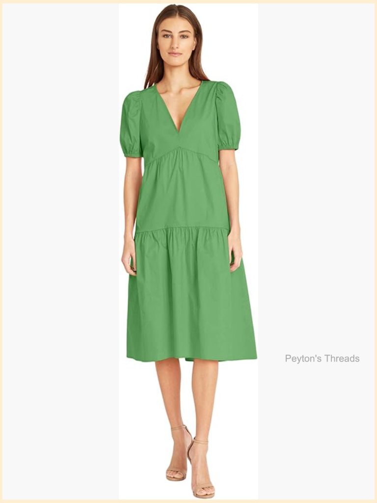 Deep Ruffle V-Neck Midi Dress With Pockets, Cotton Spandex